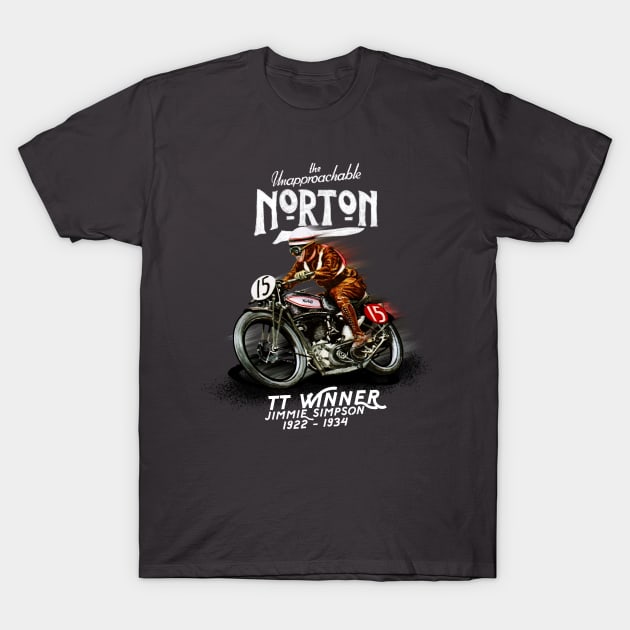 Vintage Norton Motorcycle Racer Jimmie Simpson TT winner MotorManiac T-Shirt by MotorManiac